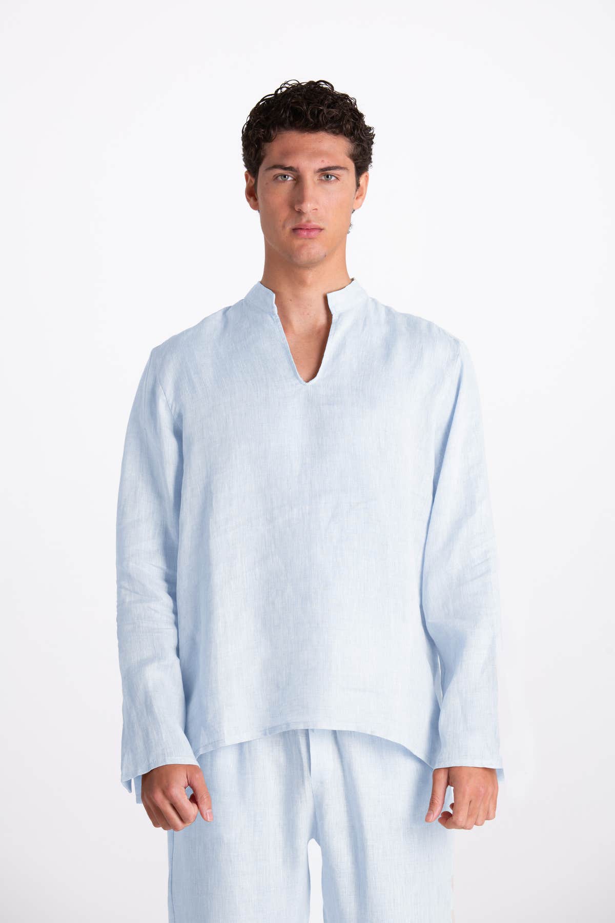 Camicia Uomo Lino Coreana Azzurro