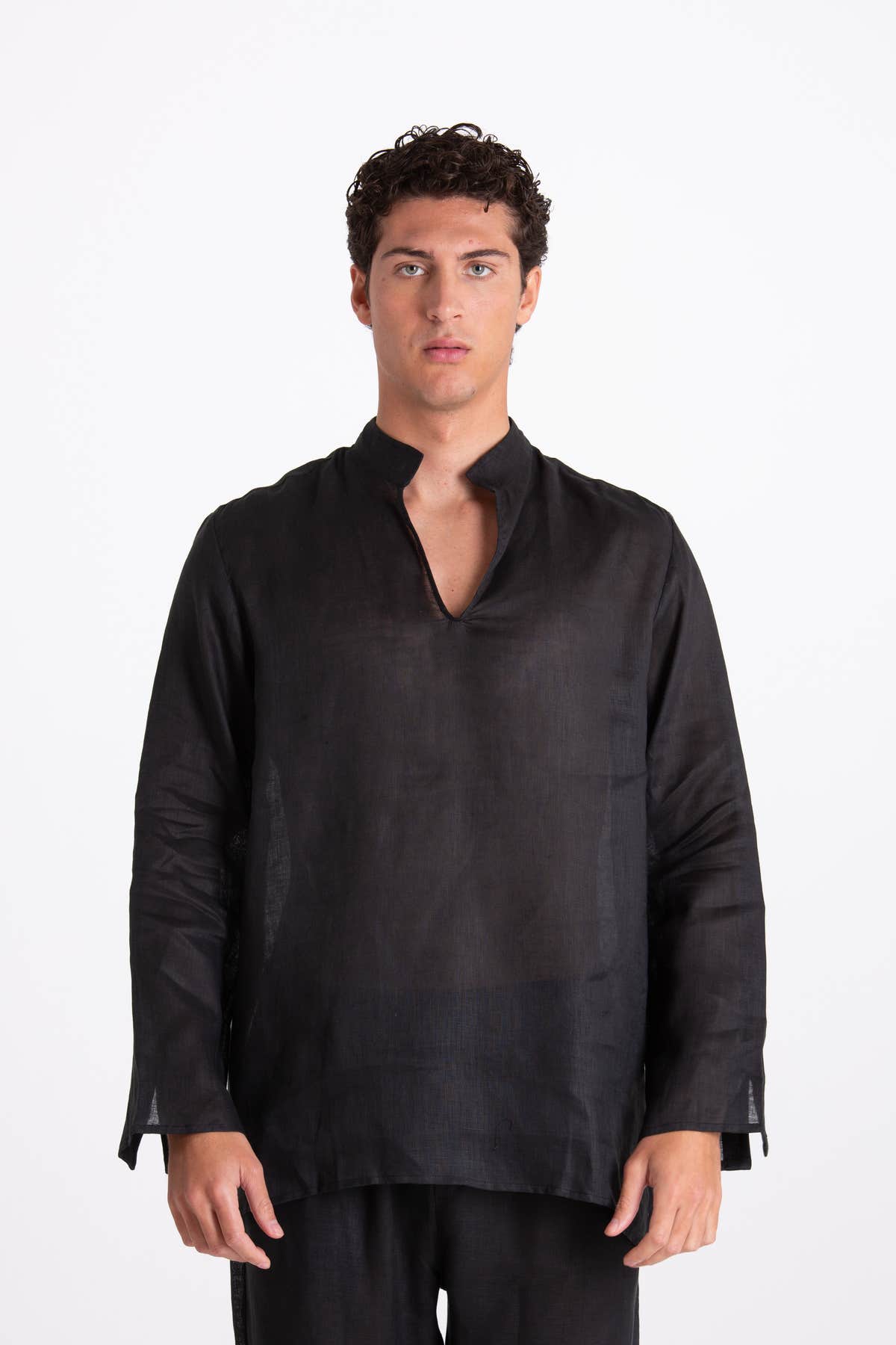 Camicia Uomo Lino Coreana Nero