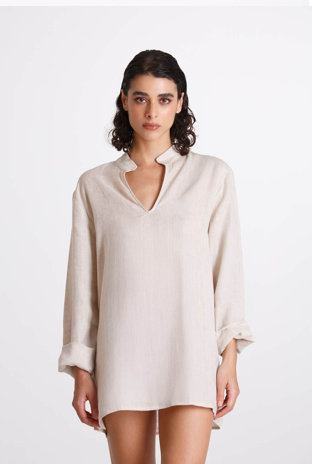 Camicia Donna Lino Coreana Beige