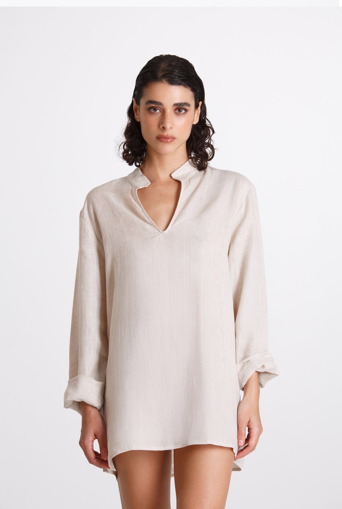 Camicia Donna Lino Coreana Beige