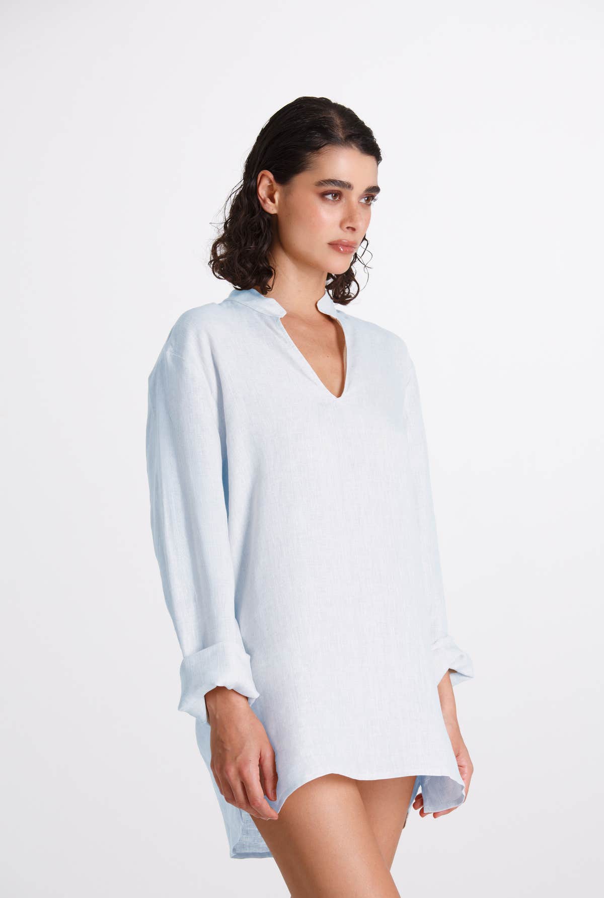 Camicia Donna Lino Coreana Azzurro