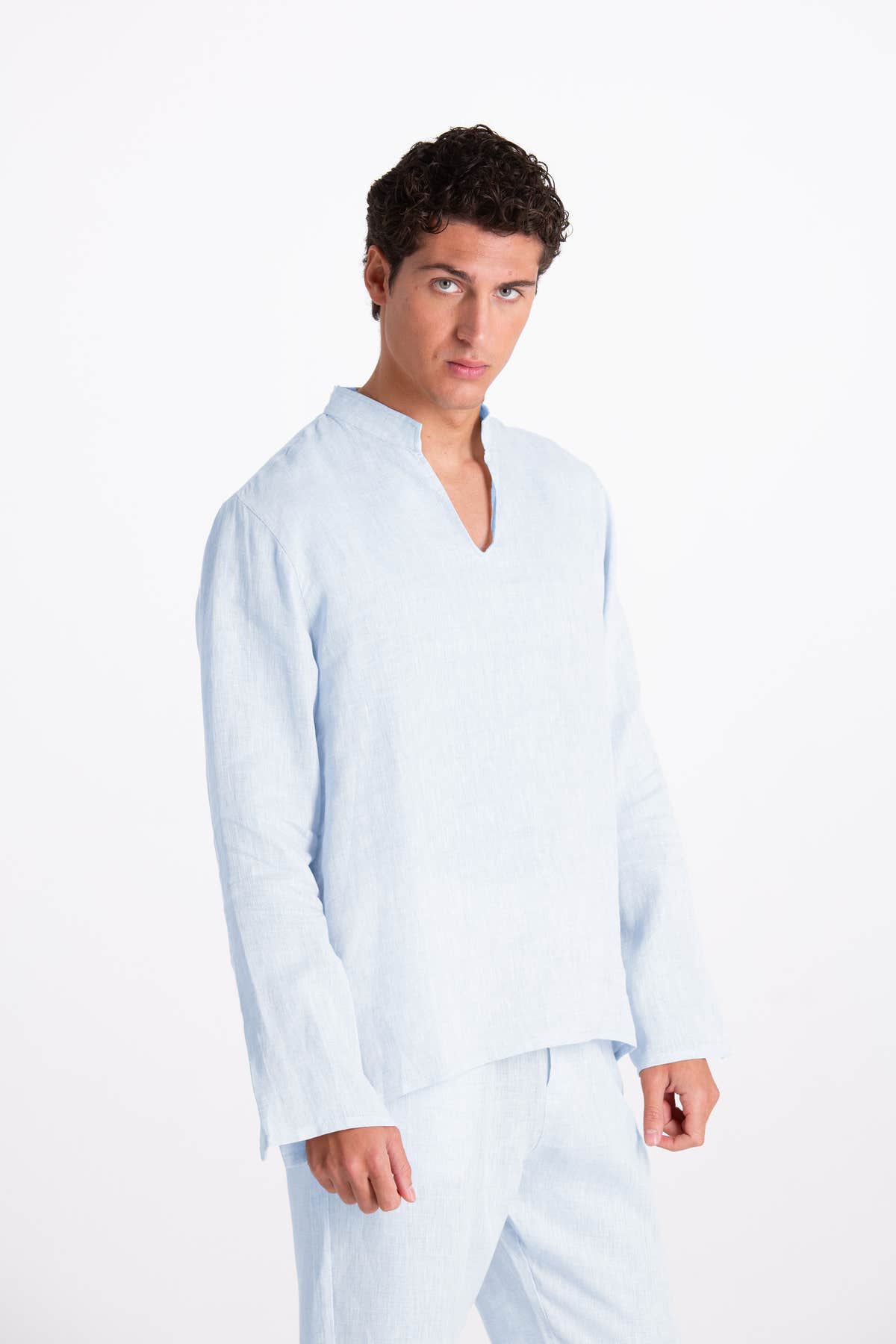 Camicia Uomo Lino Coreana Azzurro