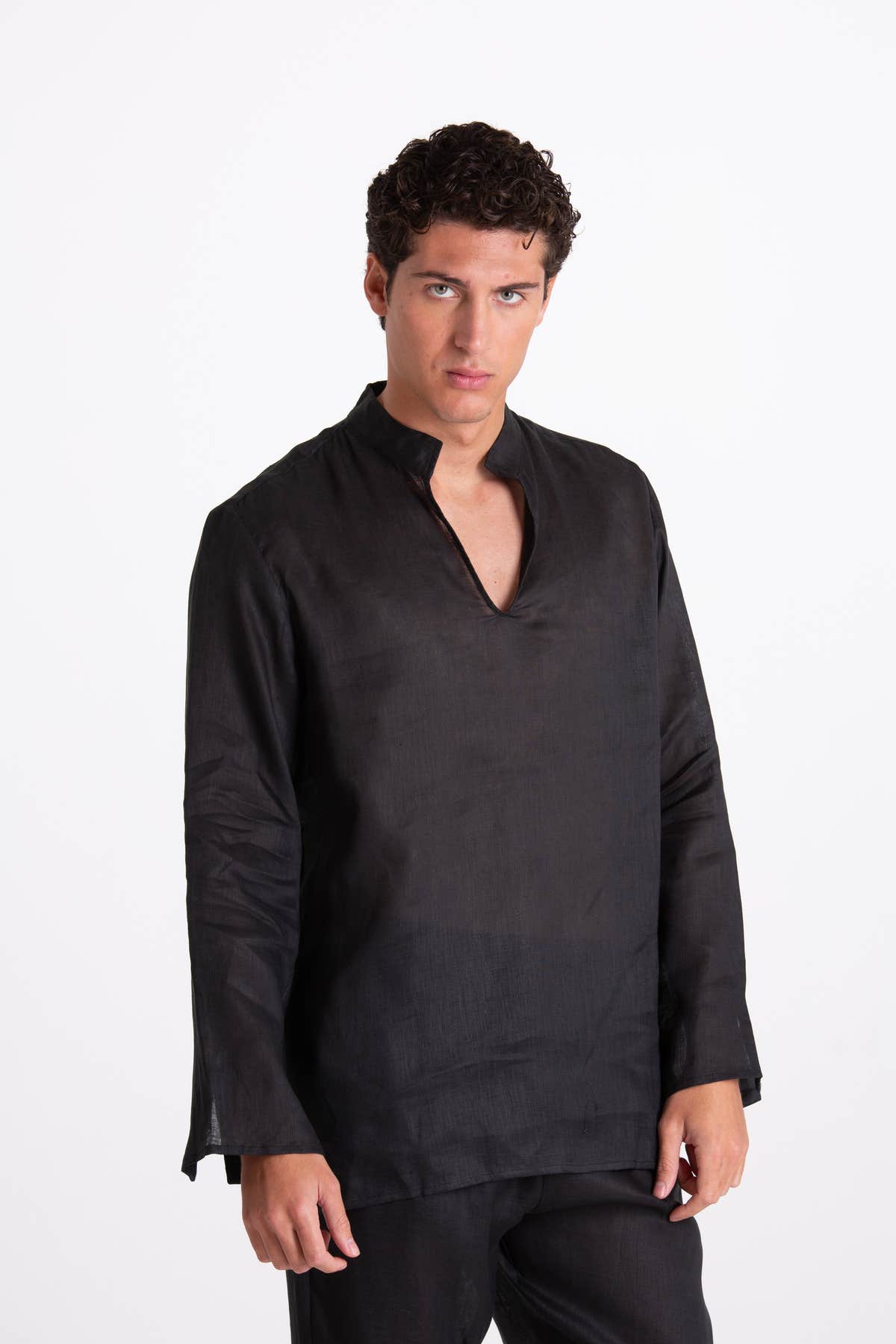 Camicia Uomo Lino Coreana Nero