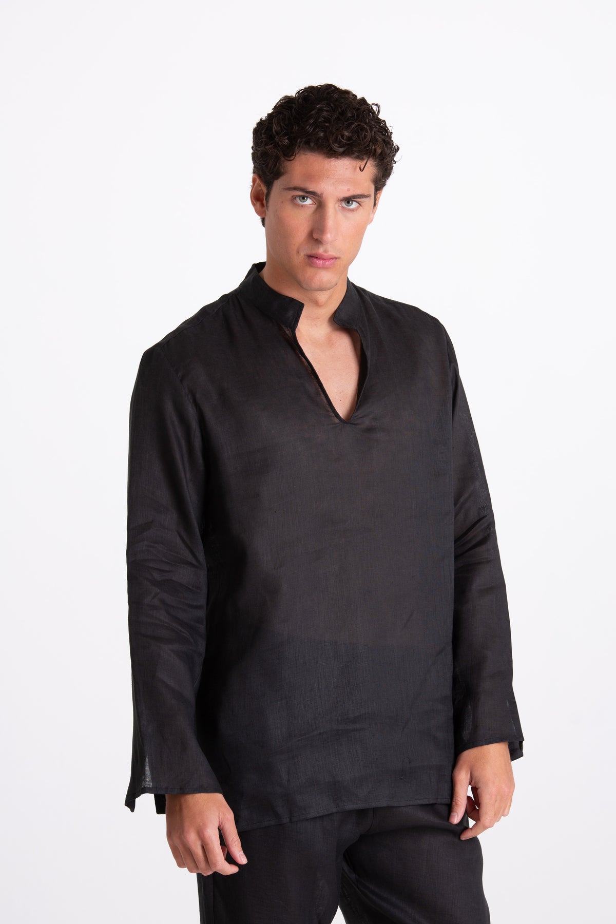 Camicia Uomo Lino Coreana Nero