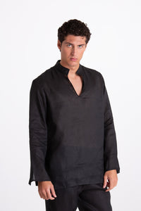 Camicia Uomo Lino Coreana Nero