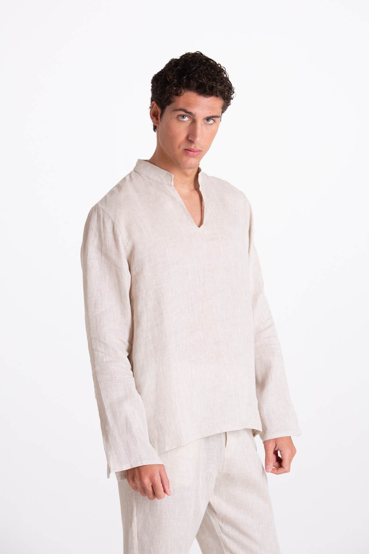 Camicia Uomo Lino Coreana Beige